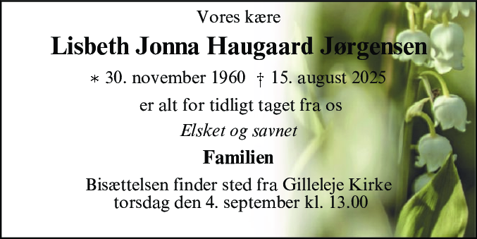 Dødsannonce for Lisbeth Jonna Haugaard Jørgensen