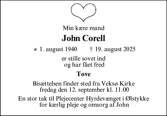 Dødsannonce for John Kurt Corell