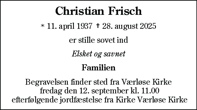 Dødsannonce for Christian Frisch