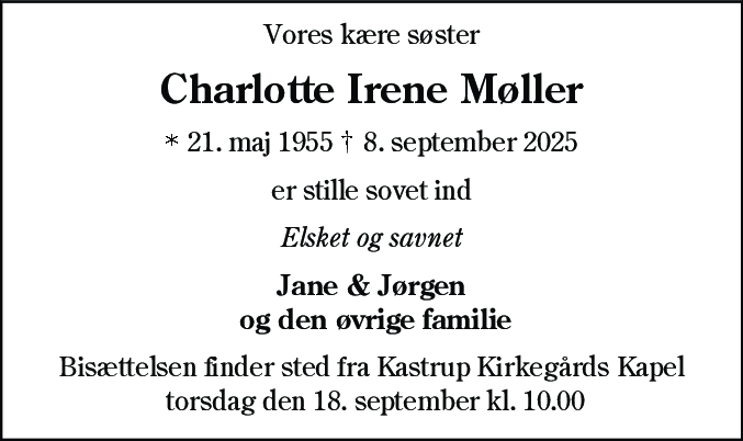 Dødsannonce for Charlotte Irene Møller