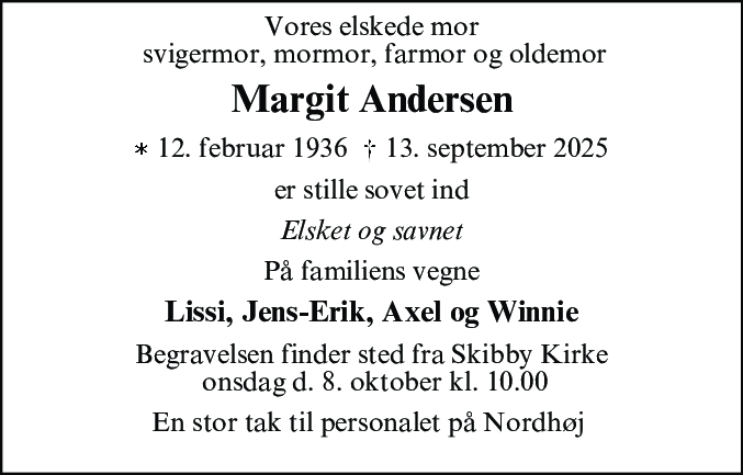 Dødsannonce for Margit Andersen