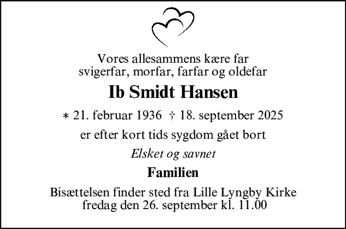 Dødsannonce for Ib Smidt Hansen