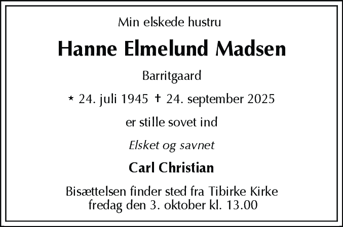 Dødsannonce for Hanne Elmelund Madsen