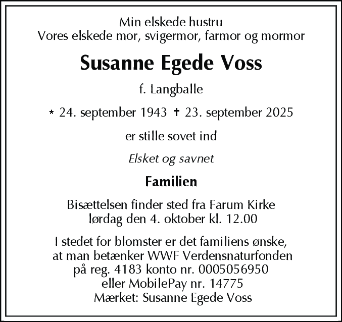 Dødsannonce for Susanne Egede Voss