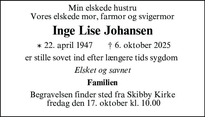 Dødsannonce for Inge Lise Johansen