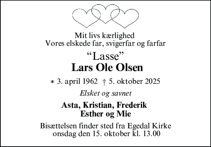 Dødsannonce for Lars Ole Olsen