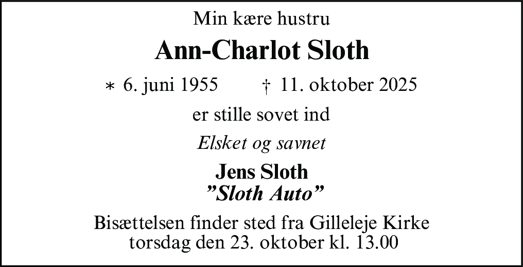 Dødsannonce for Ann-Charlot Elisabeth Sloth