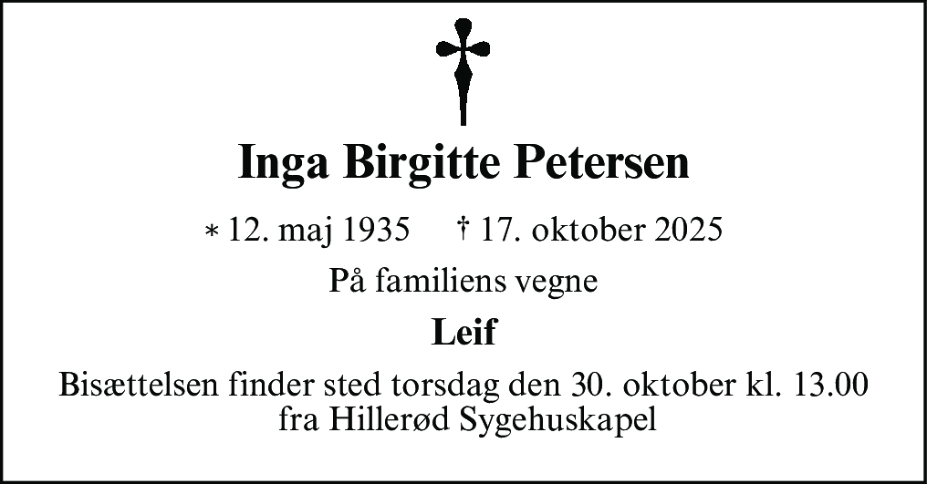 Dødsannonce for Inga Birgitte Petersen