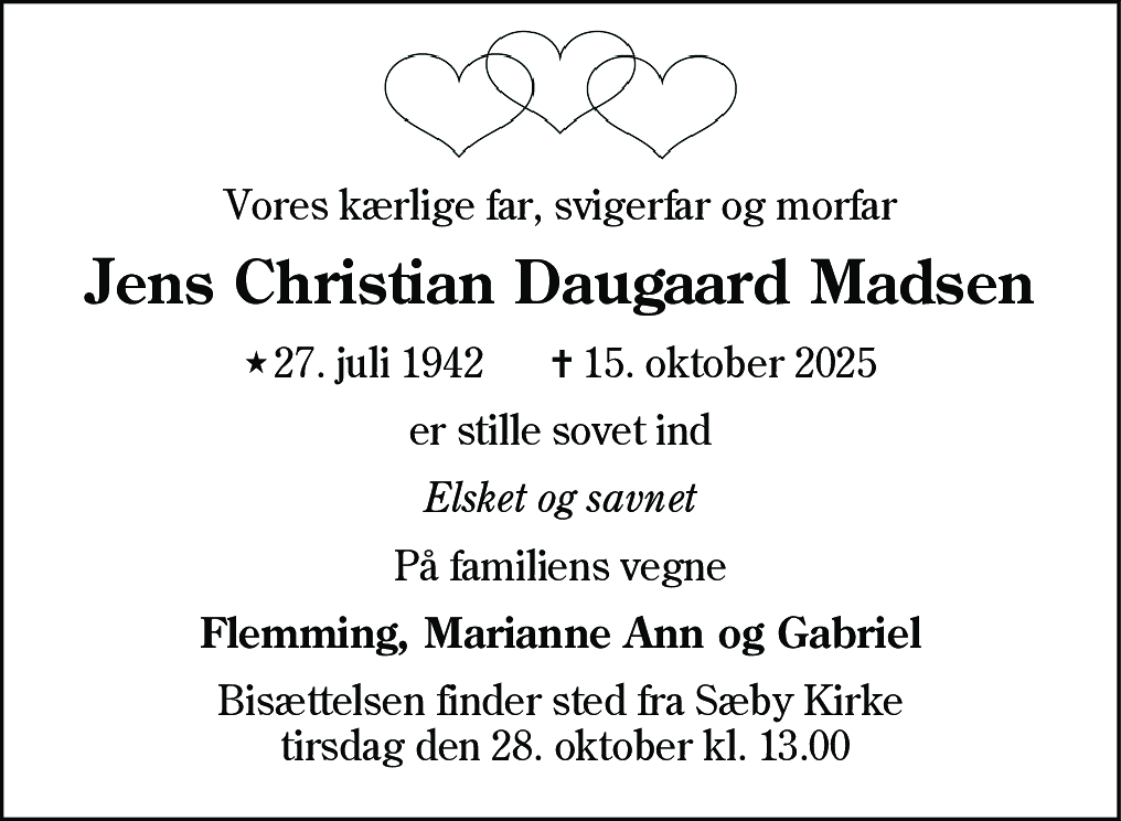 Dødsannonce for Jens Christian Daugaard Madsen