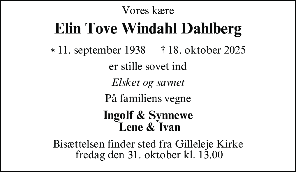 Dødsannonce for Elin Tove Windahl Dahlberg