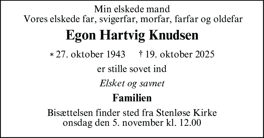 Dødsannonce for Egon Hartvig Knudsen
