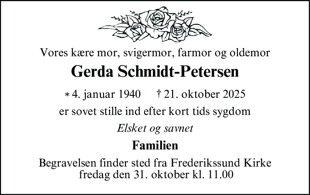 Dødsannonce for Gerda Schmidt-Petersen