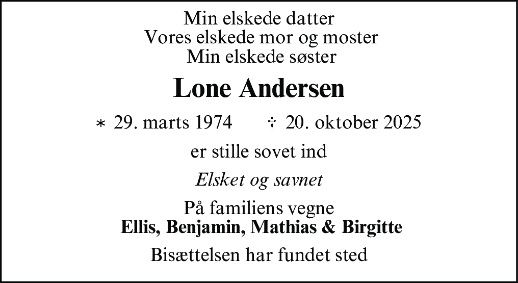 Dødsannonce for Lone Andersen