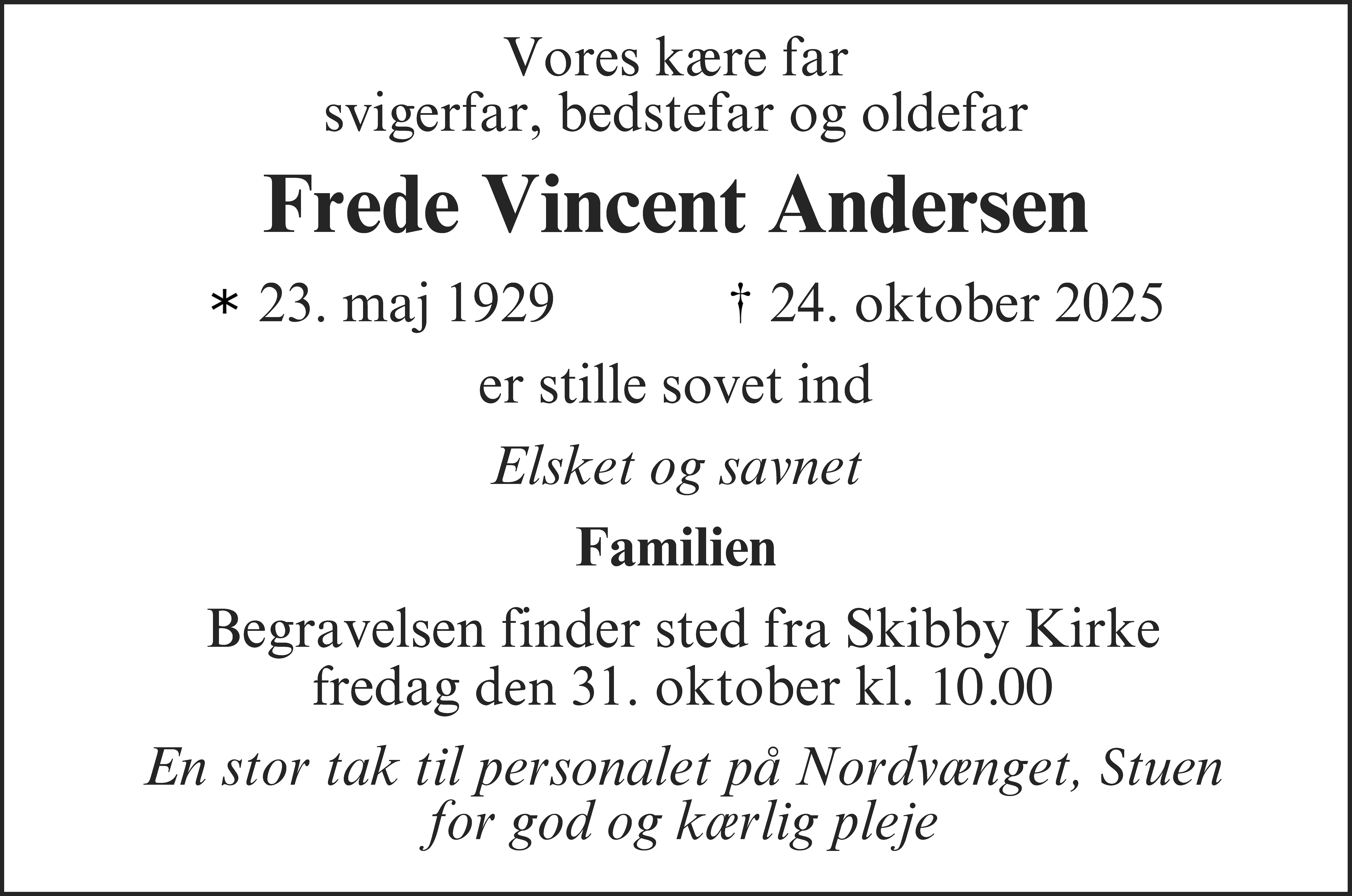 Dødsannonce for Frede Vincent Andersen