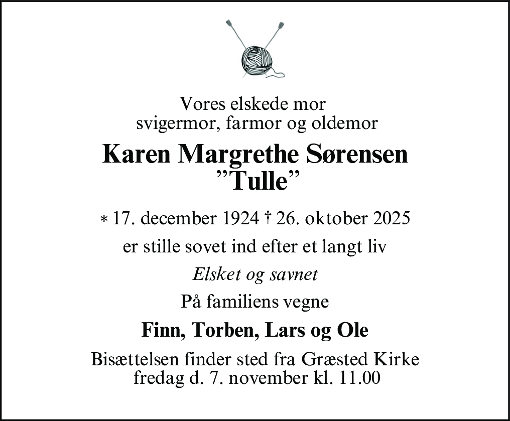 Dødsannonce for Karen Margrethe Sørensen