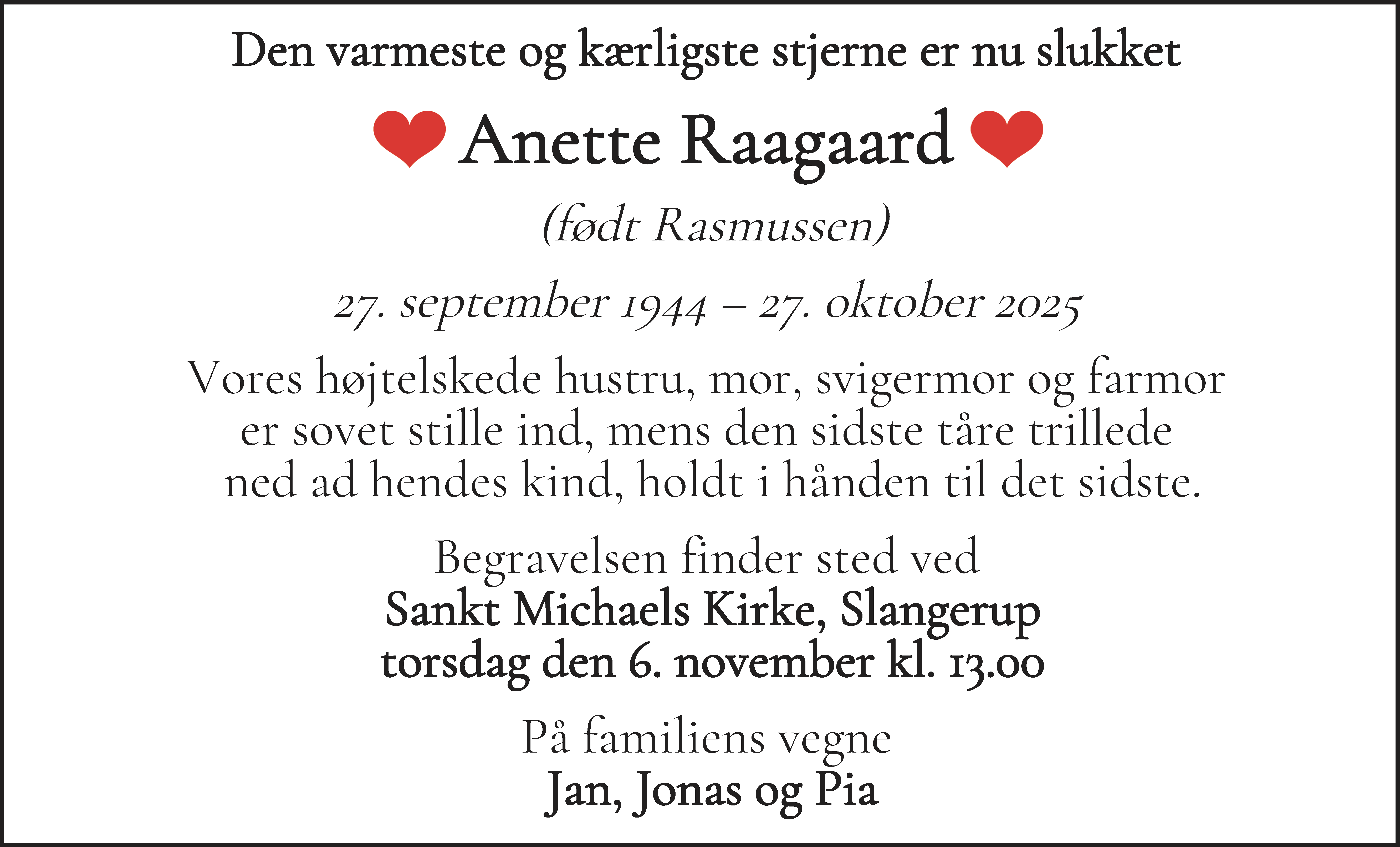 Dødsannonce for Anette Raagaard