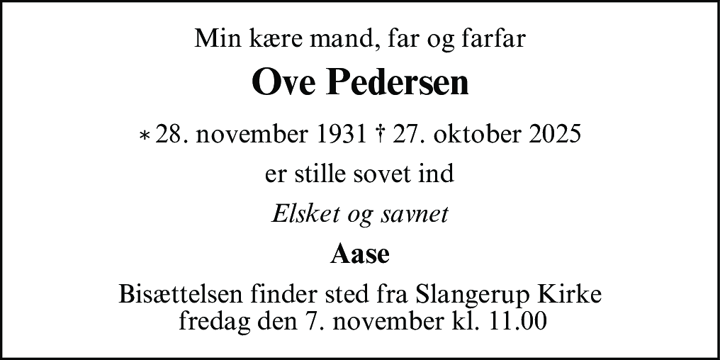 Dødsannonce for Ove Pedersen