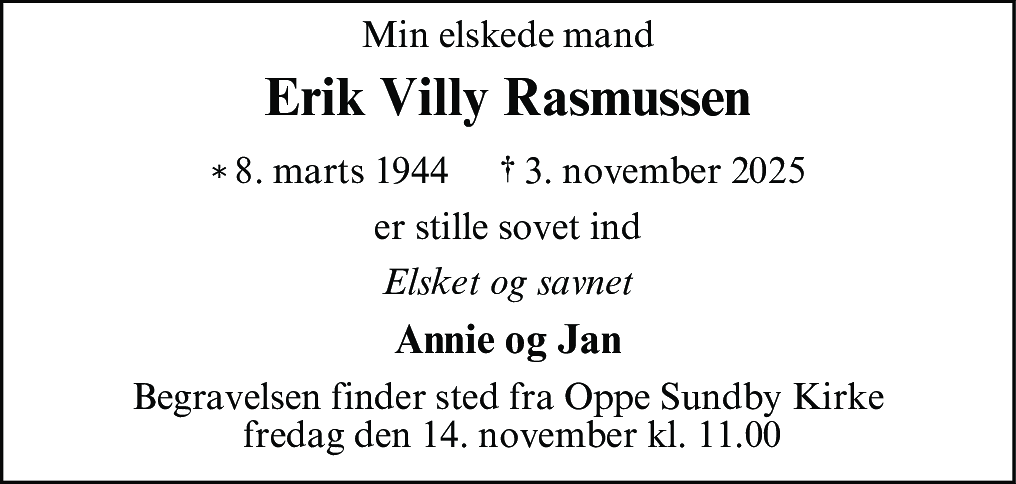 Dødsannonce for Erik Villy Rasmussen