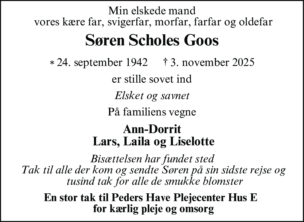 Dødsannonce for Søren Scholes Goos