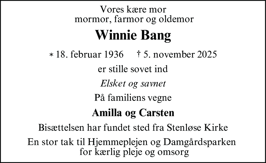 Dødsannonce for Winnie Bang