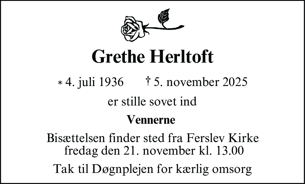 Dødsannonce for Grethe Herltoft