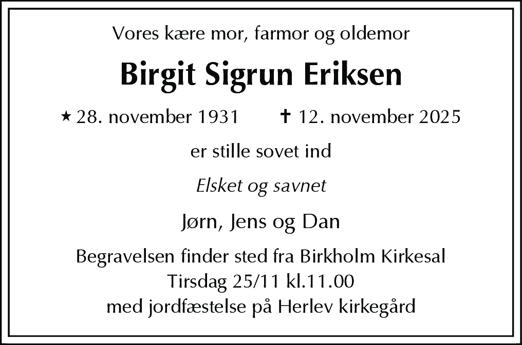 Dødsannonce for Birgit Sigrun Eriksen