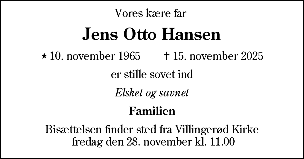 Dødsannonce for Jens Otto Hansen