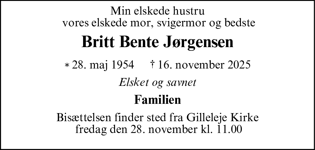 Dødsannonce for Britt Bente Jørgensen