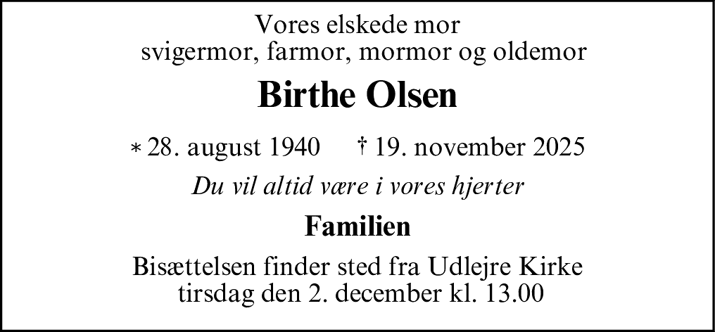 Dødsannonce for Birthe Olsen