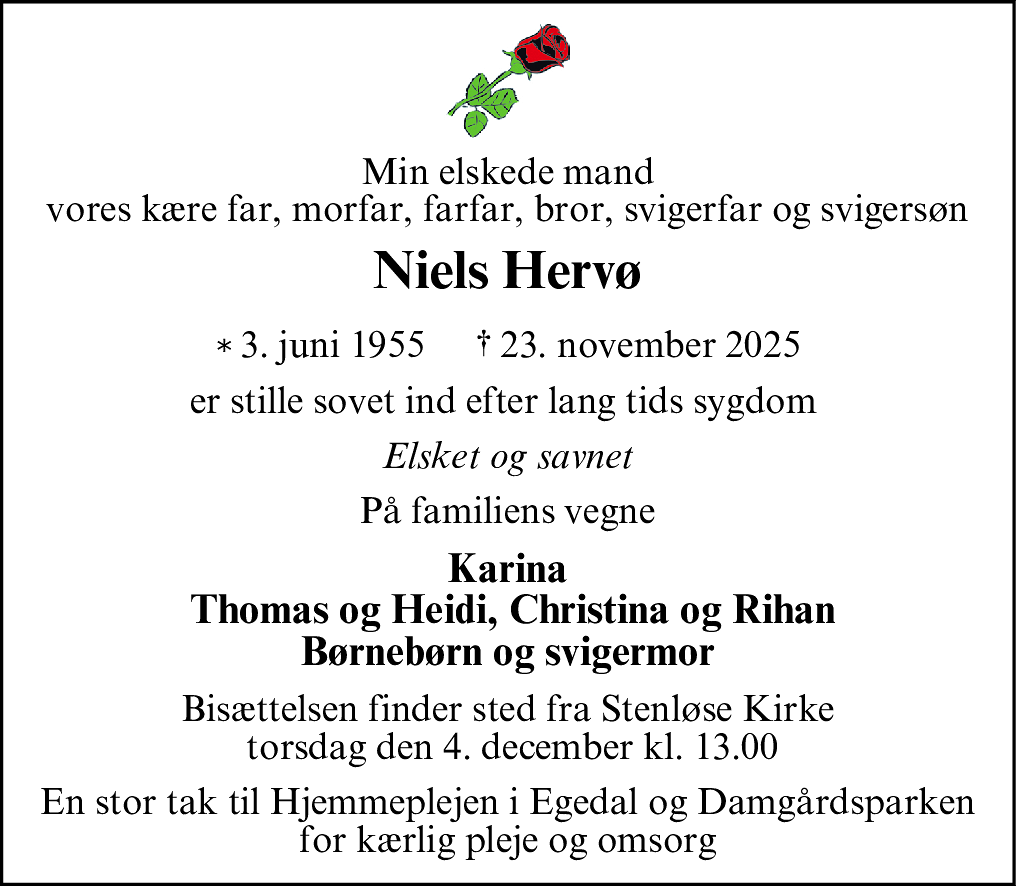 Dødsannonce for Niels Hervø