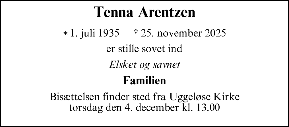 Dødsannonce for Tenna Arentzen