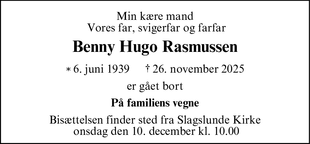 Dødsannonce for Benny Hugo Rasmussen