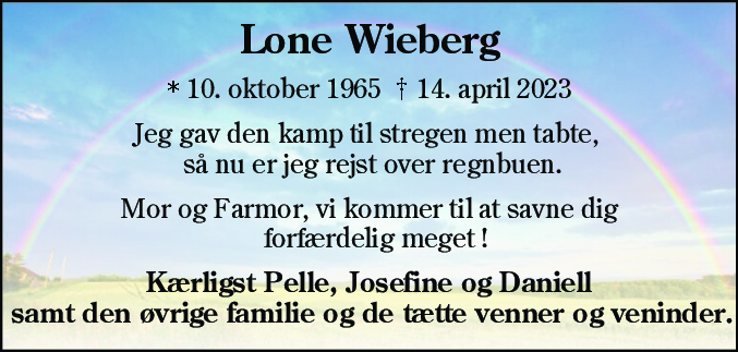 Dødsannonce for Lone Wieberg