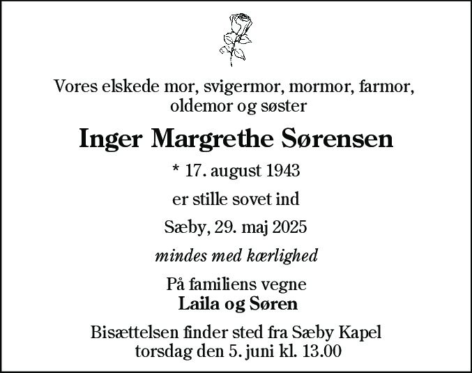 Dødsannonce for Inger Margrethe Sørensen