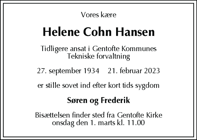 Dødsannonce for Helene Cohn Hansen