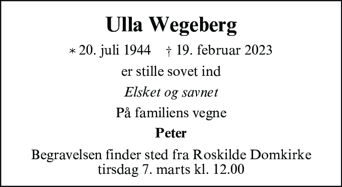 Dødsannonce for Ulla Wegeberg