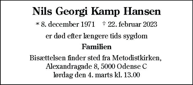 Dødsannonce for Nils Georgi Kamp Hansen