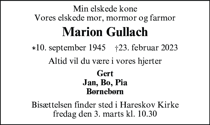 Dødsannonce for Marion Gullach