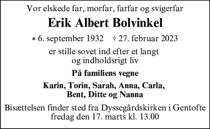 Dødsannonce for Erik Albert Bolvinkel