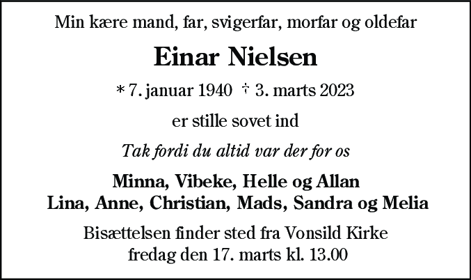 Dødsannonce for Einar Nielsen