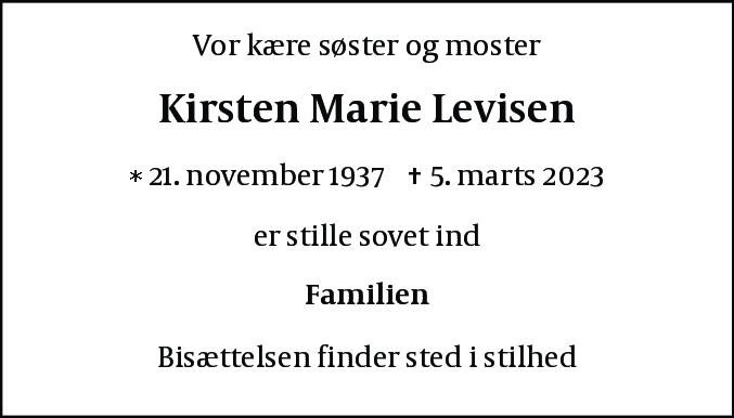 Dødsannonce for Kirsten Marie Levisen