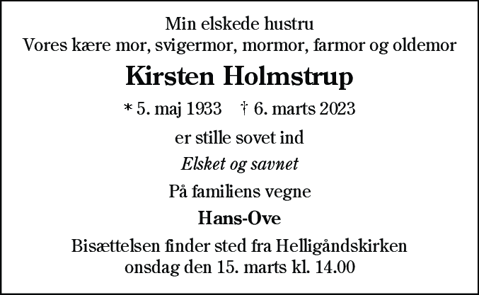 Dødsannonce for Kirsten Holmstrup