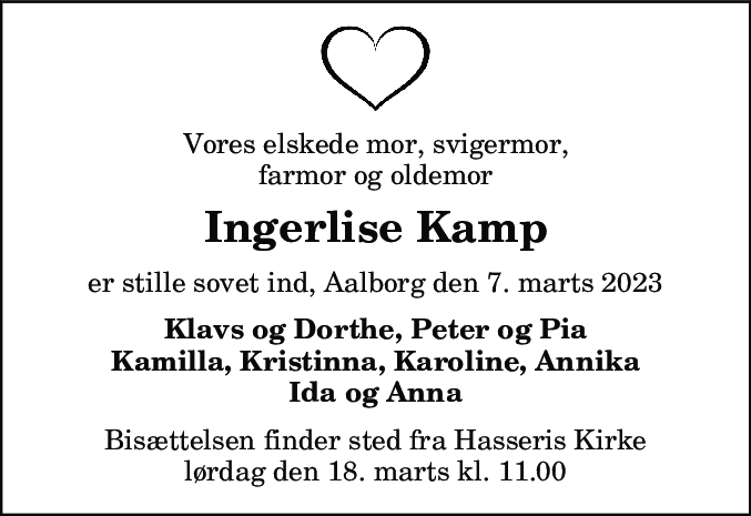 Dødsannonce for Ingerlise Kamp
