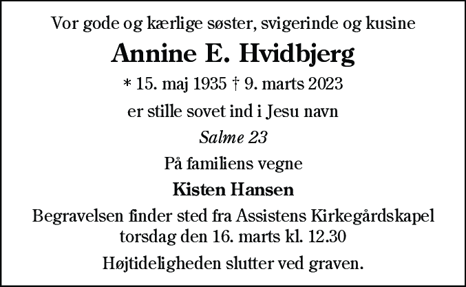 Dødsannonce for Annine Eleonora Hvidbjerg