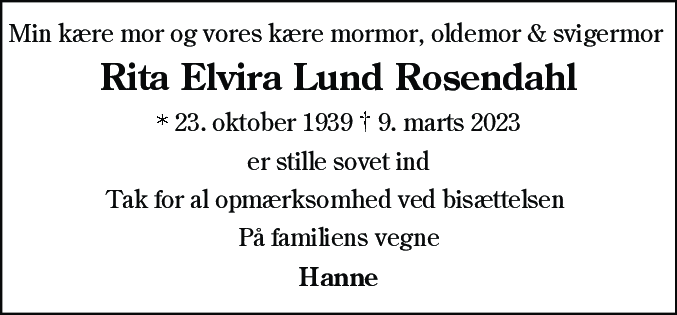 Dødsannonce for Rita Elvira Lund Rosendahl