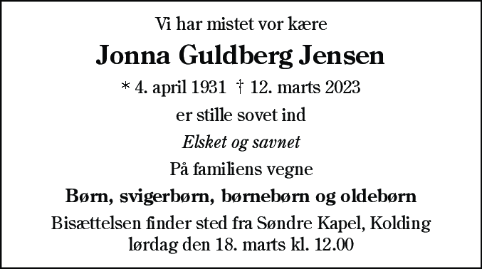 Dødsannonce for Jonna Guldberg Jensen