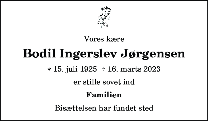 Dødsannonce for Bodil Ingerslev Jørgensen