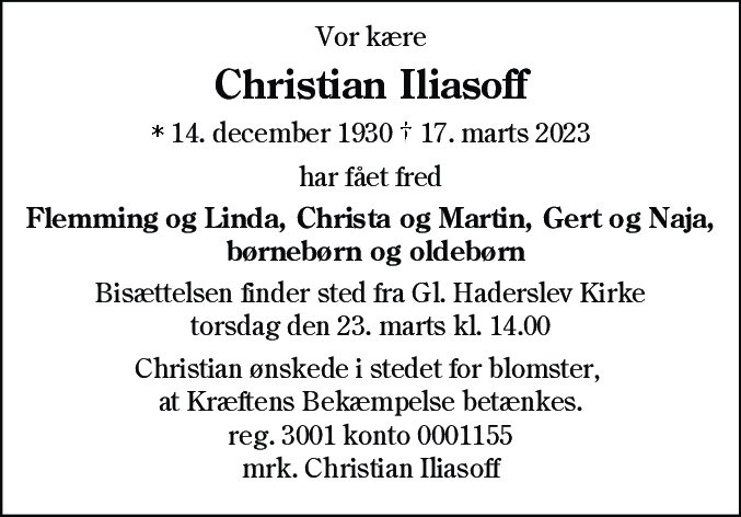 Dødsannonce for Christian Iliasoff