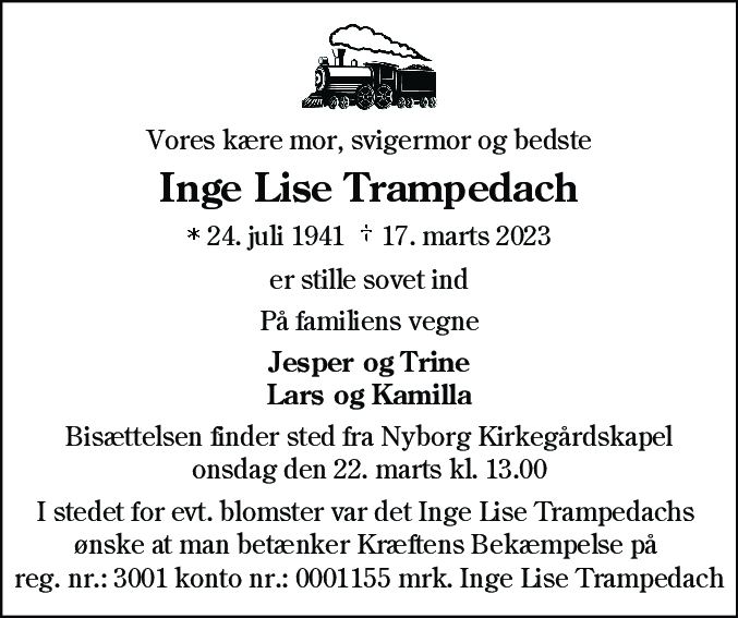 Dødsannonce for Inge Lise Trampedach