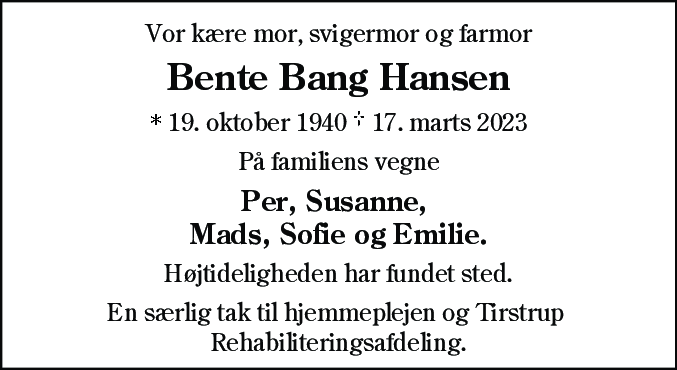 Dødsannonce for Bente Hansen